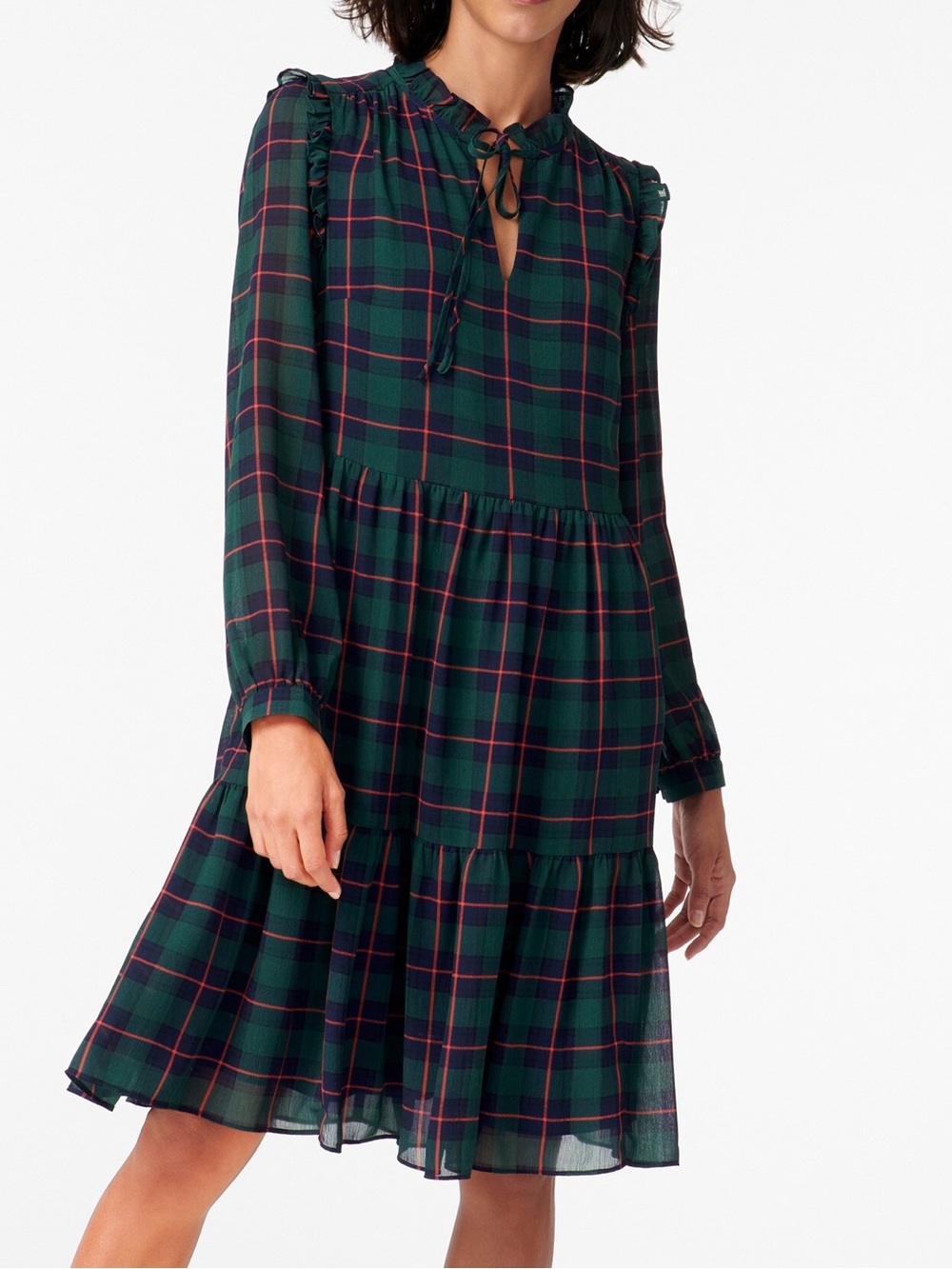 J. Crew Tie-Neck tiered Dress in Black Watch Tartan Christmas Holiday